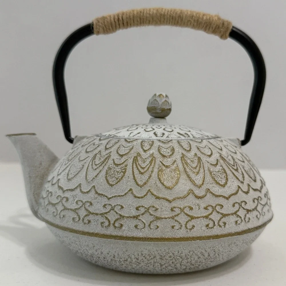 Cast Iron Teapot White Gold Distressed Boho Zen Tea‎ Pot w/ Stainless Infuser